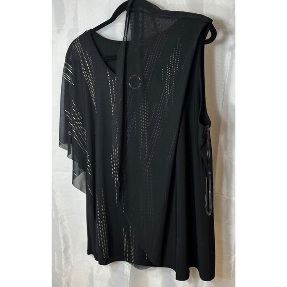 Corvia Top Women’s 1X BLK Sleeveless Metallic Flowy Cape Keyhole Party Blouse - Picture 7 of 13